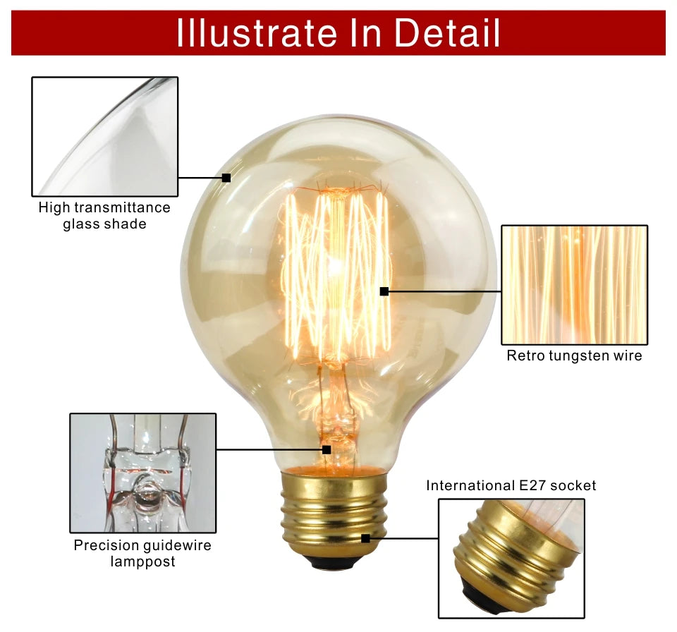 Retro Edison Bulb E27 220V 40W Light Bulb A60 ST58 ST64 T10 T45 T185 G80 G95 Filament Vintage Ampoule Incandescent Spiral Lamp