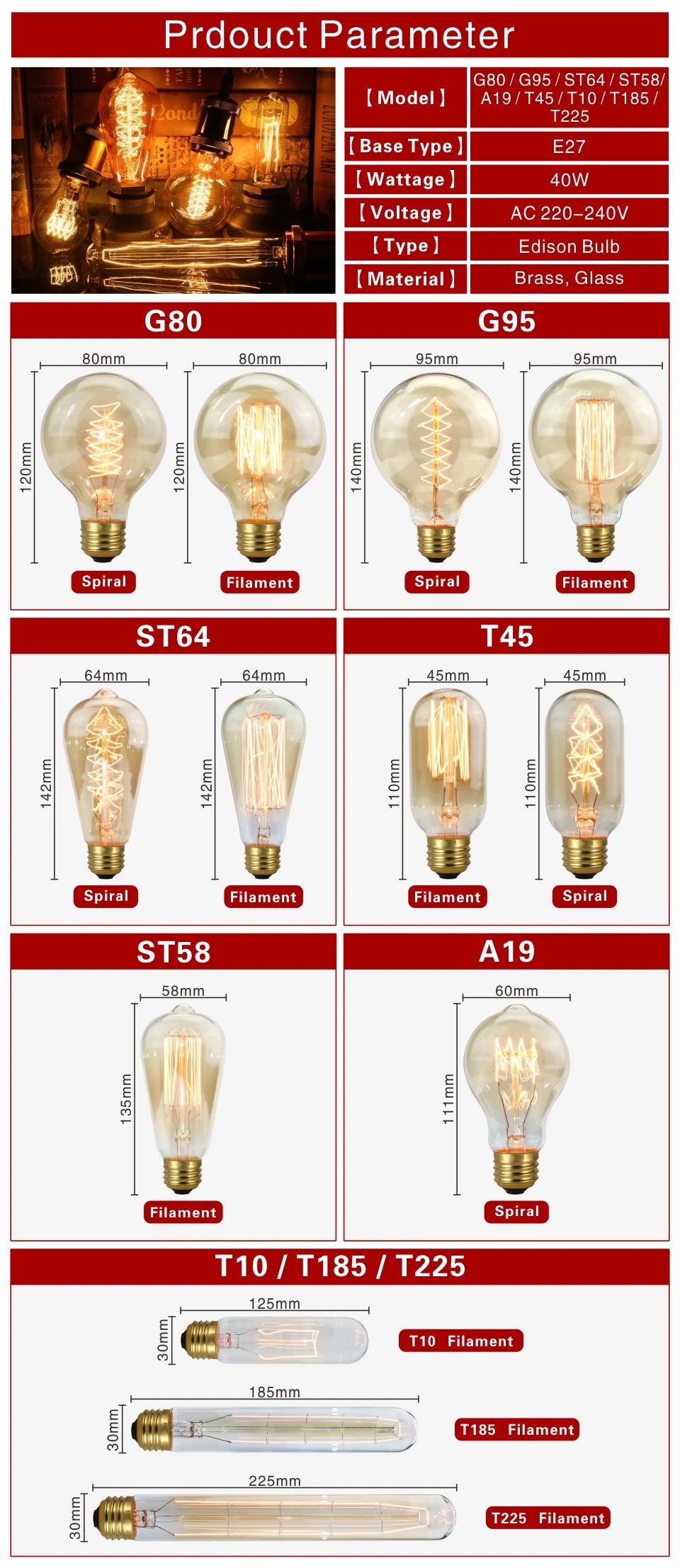 Retro Edison Bulb E27 220V 40W Light Bulb A60 ST58 ST64 T10 T45 T185 G80 G95 Filament Vintage Ampoule Incandescent Spiral Lamp