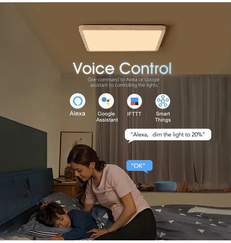 MARPOU Smart LED Ceiling Lamp Wood Grain App Voice Control Alexa/Google Remote Control Square Ceiling Lights Living Room CCT
