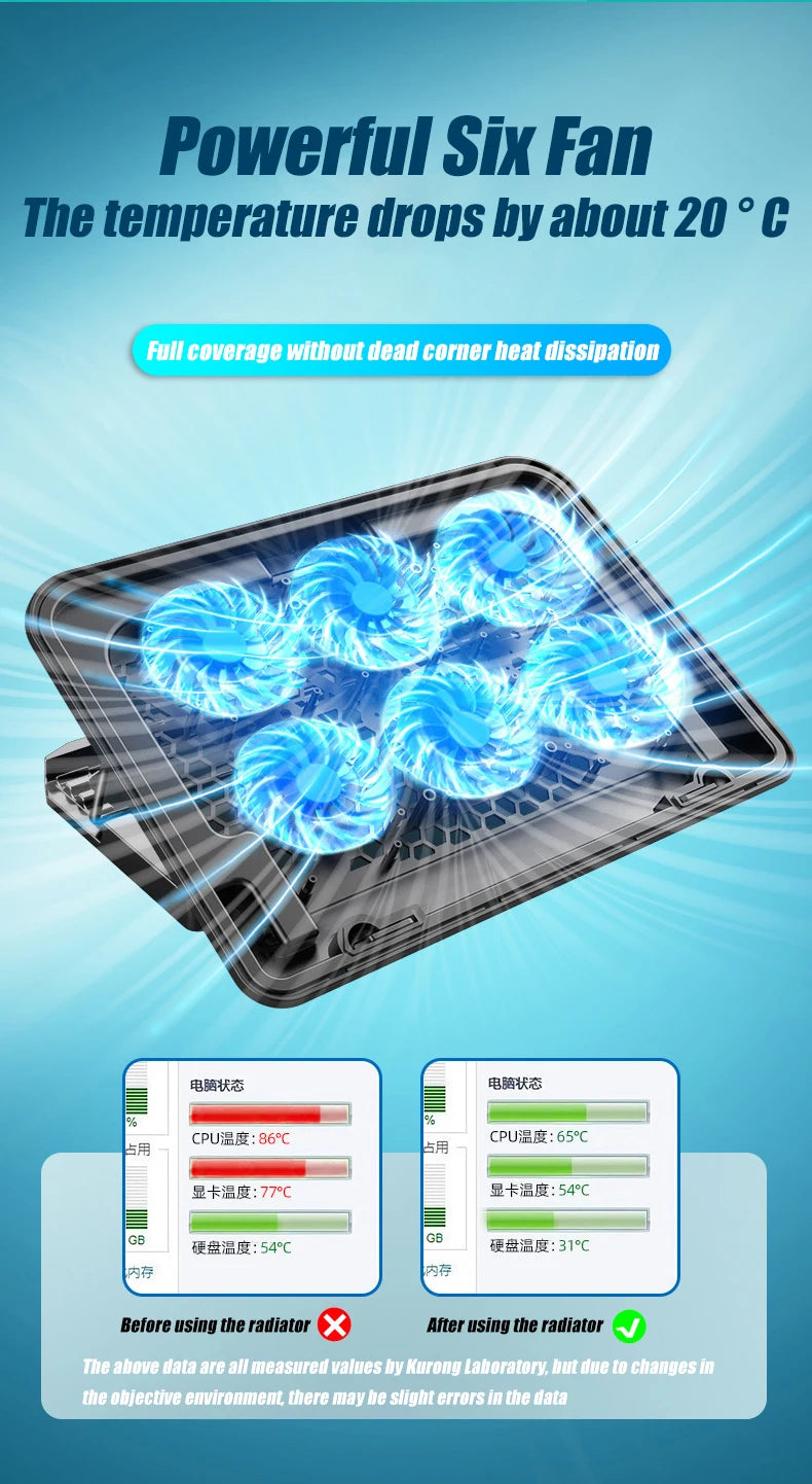 13-18Inch Gaming Laptop Cooler Six Fan Adjustable Wind Speed 2 Usb Port LED Light Notebook Cooling Pad Notebook Laptop Stand