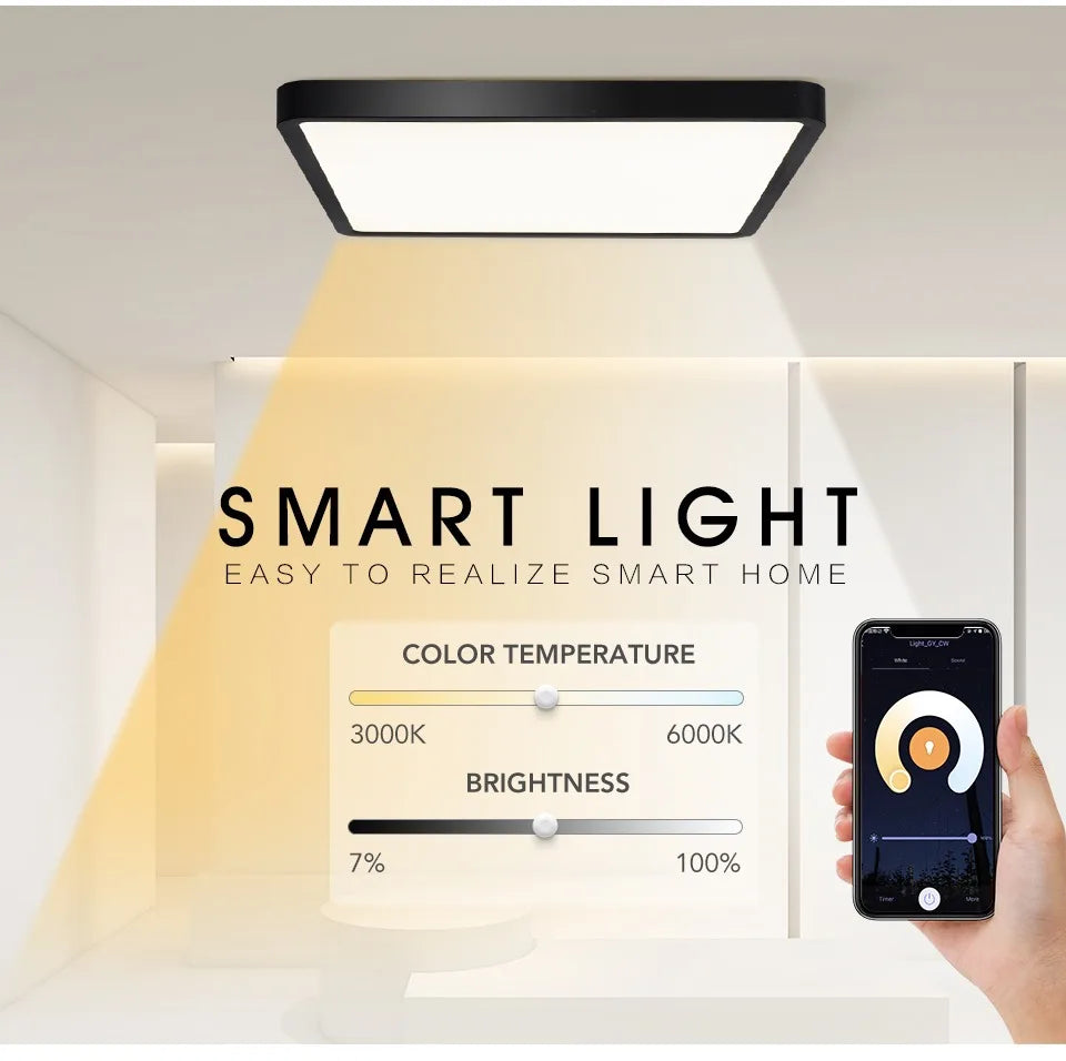 MARPOU Smart LED Ceiling Lamp Wood Grain App Voice Control Alexa/Google Remote Control Square Ceiling Lights Living Room CCT