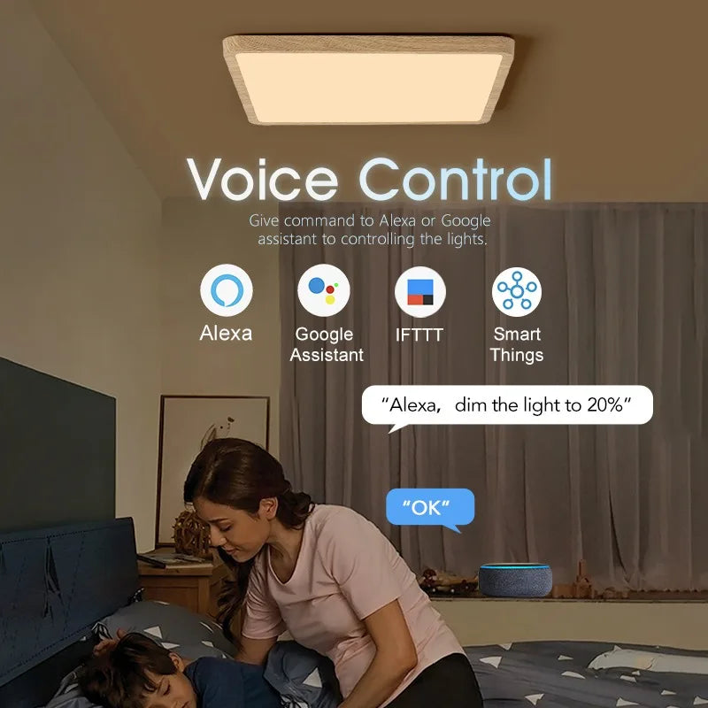 MARPOU Smart LED Ceiling Lamp Wood Grain App Voice Control Alexa/Google Remote Control Square Ceiling Lights Living Room CCT