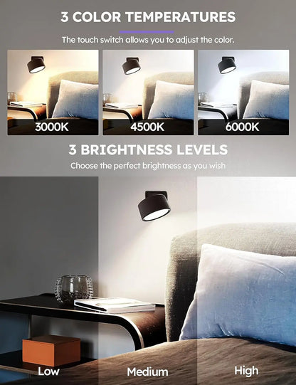 Magnetic LED Wall Light Rechargeable Reading Lights 360° Rotation Touch Remote Control Cabinet Spotlight Night Lamp
