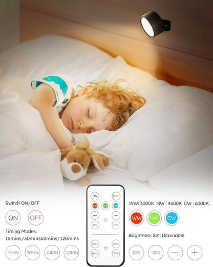 Magnetic LED Wall Light Rechargeable Reading Lights 360° Rotation Touch Remote Control Cabinet Spotlight Night Lamp