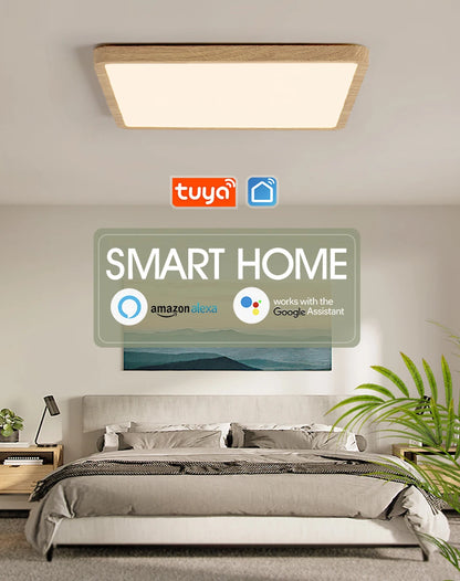 MARPOU Smart LED Ceiling Lamp Wood Grain App Voice Control Alexa/Google Remote Control Square Ceiling Lights Living Room CCT